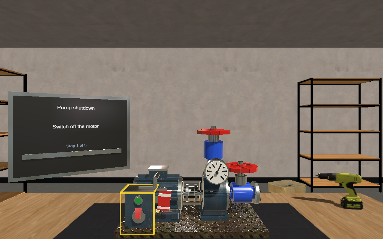 A picture of A guided shutdown of a pump unit from play mode in the Unity Editor